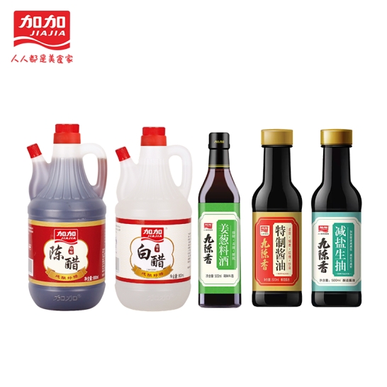 加加九陈香系列D款： 九陈香特级减盐生抽500ml*1瓶 九陈香姜葱料酒500ml*1瓶 九陈香特制酱油500Ml*1瓶 加加白醋800ml*1瓶 加加陈醋800Ml*1瓶